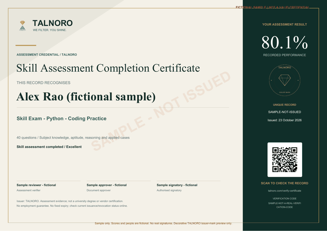 Fictional TALNORO certificate in warm ivory and deep green, with a score, unique record and QR